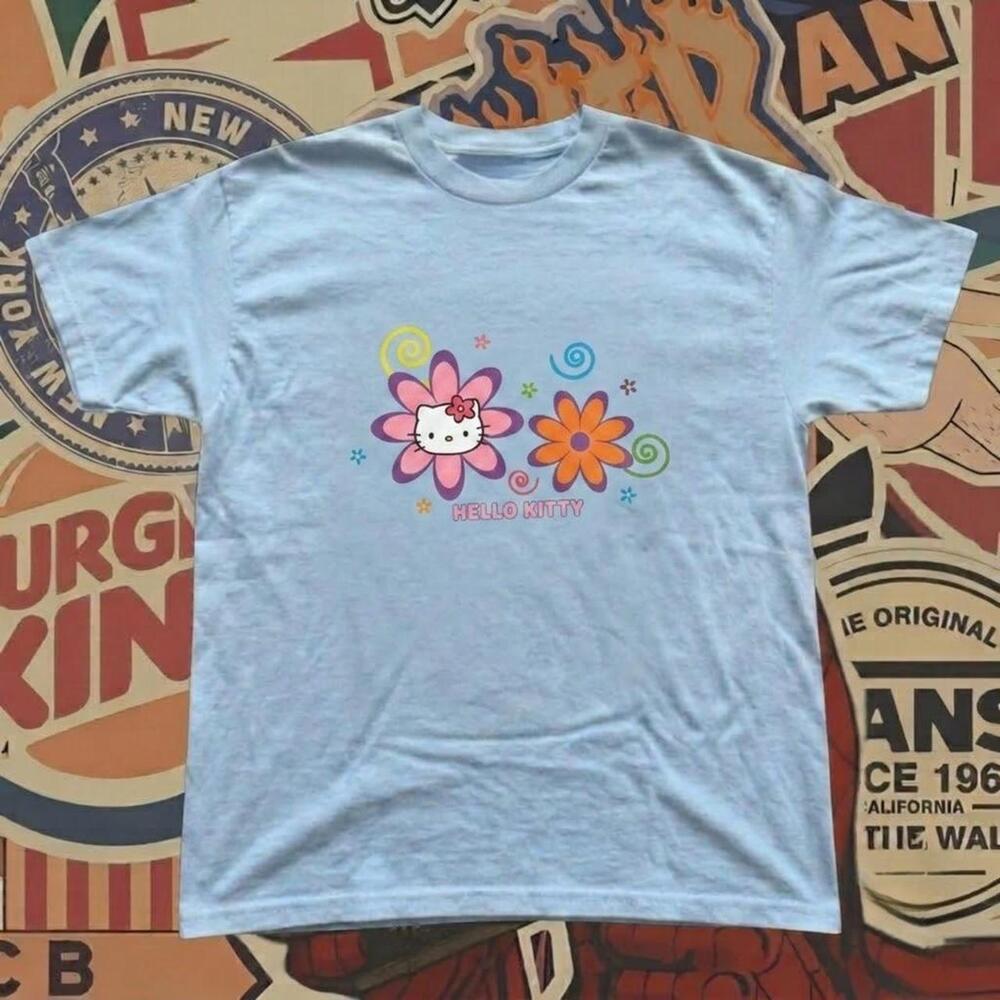 Sanrio Hello T-Shirt With Hello Graphic Surrounded By Flowers And Swirls